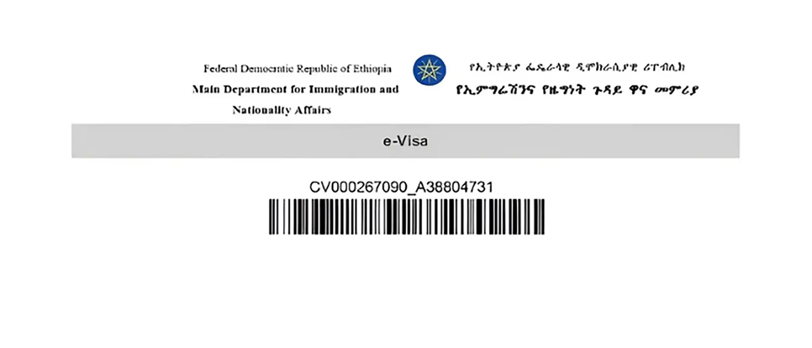 نمونه ویزای اتیوپی الکترونیکی e Visa صادرشده توسط اداره مهاجرت اتیوپی با بارکد و شماره مرجع