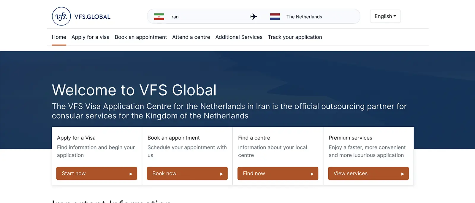 صفحه رسمی VFS Global برای وقت سفارت هلند در ایران و ثبت درخواست ویزای شینگن هلند